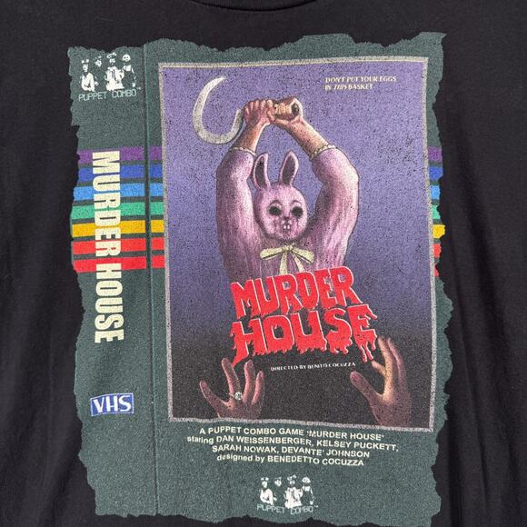 Murder House Puppet Combo VHS Horror Movies Slasher Bunny Halloween T Shirt M - Picture 3 of 7